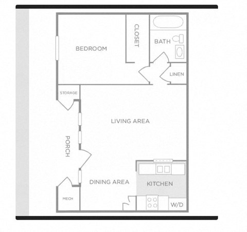 Floor plan for 1 bed, 1 bath, 618 sqft